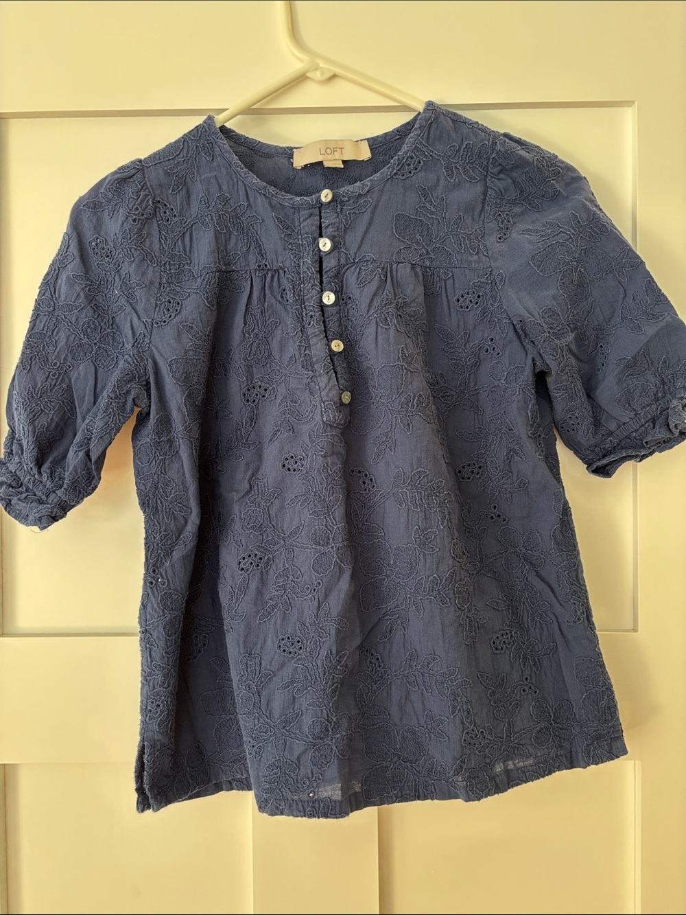 LOFT Blue Embroidered Eyelet Button-Front Blouse